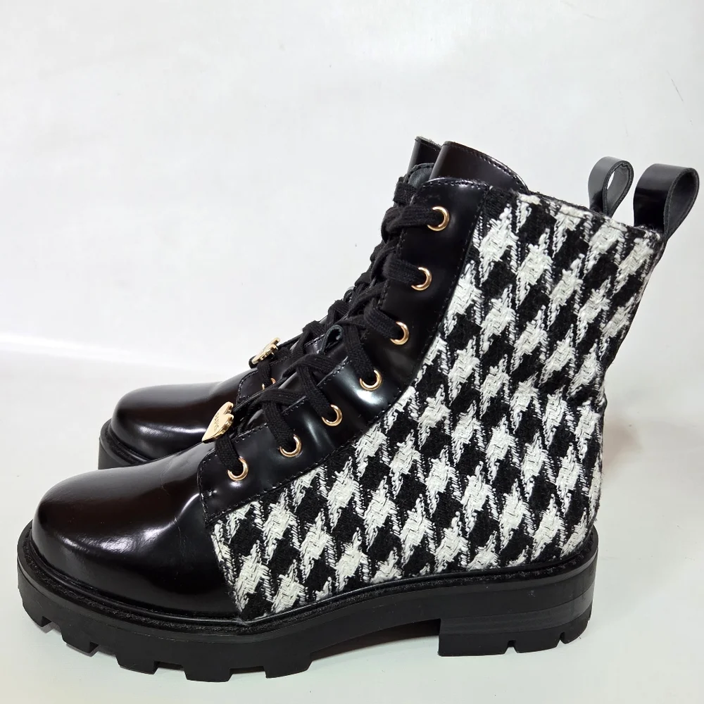 Karl Lagerfeld Paris Mela Everyday Patent Leather Houndstooth Combat Boot 7.5 - Picture 2 of 15